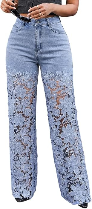 CHICME Women's High Waist Lace Spliced Zipper Wide Leg Jeans | Amazon (US)