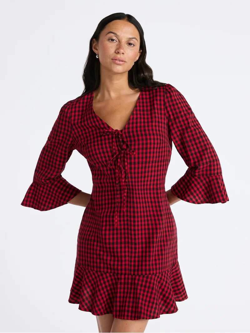 Time and Tru Women's Plaid Tie Front Mini Dress, Sizes XS-XXXL | Walmart (US)