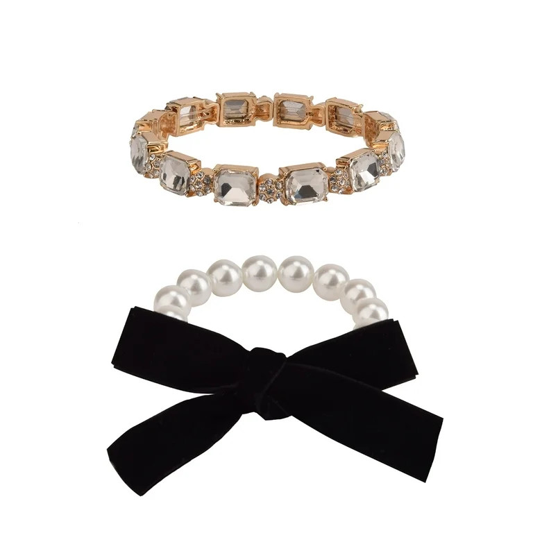 Time and Tru Adult Female 2pc Faux Pearl and Stone with Black Fabric Bow Gold-Tone Bracelet Set | Walmart (US)