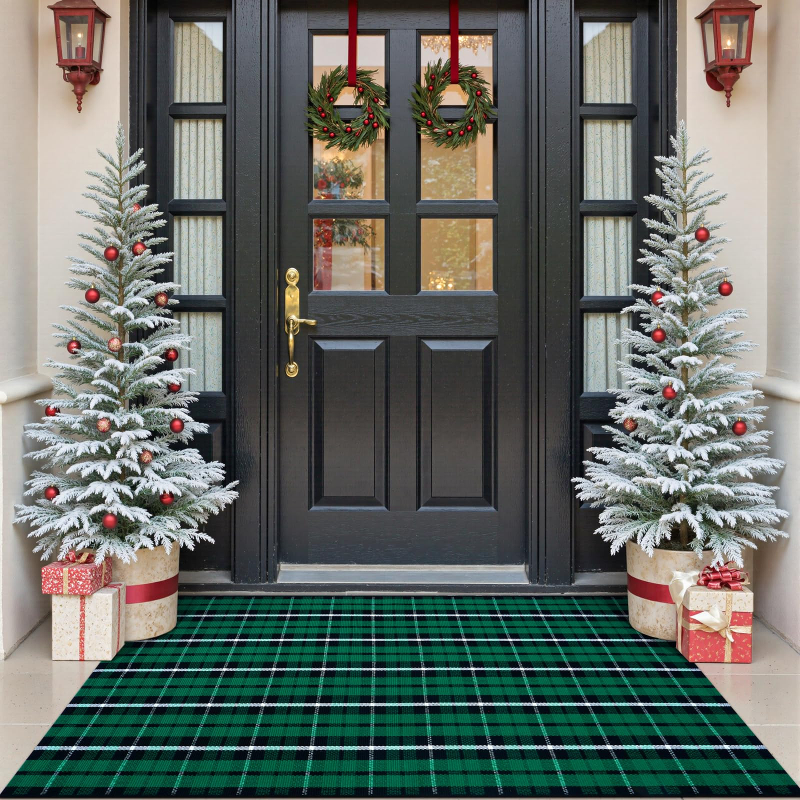 OJIA Washable Outdoor Rug 3'x5', Christmas Door Mats Outdoor Area Rug Green Plaid Rug Entryway Ru... | Amazon (US)