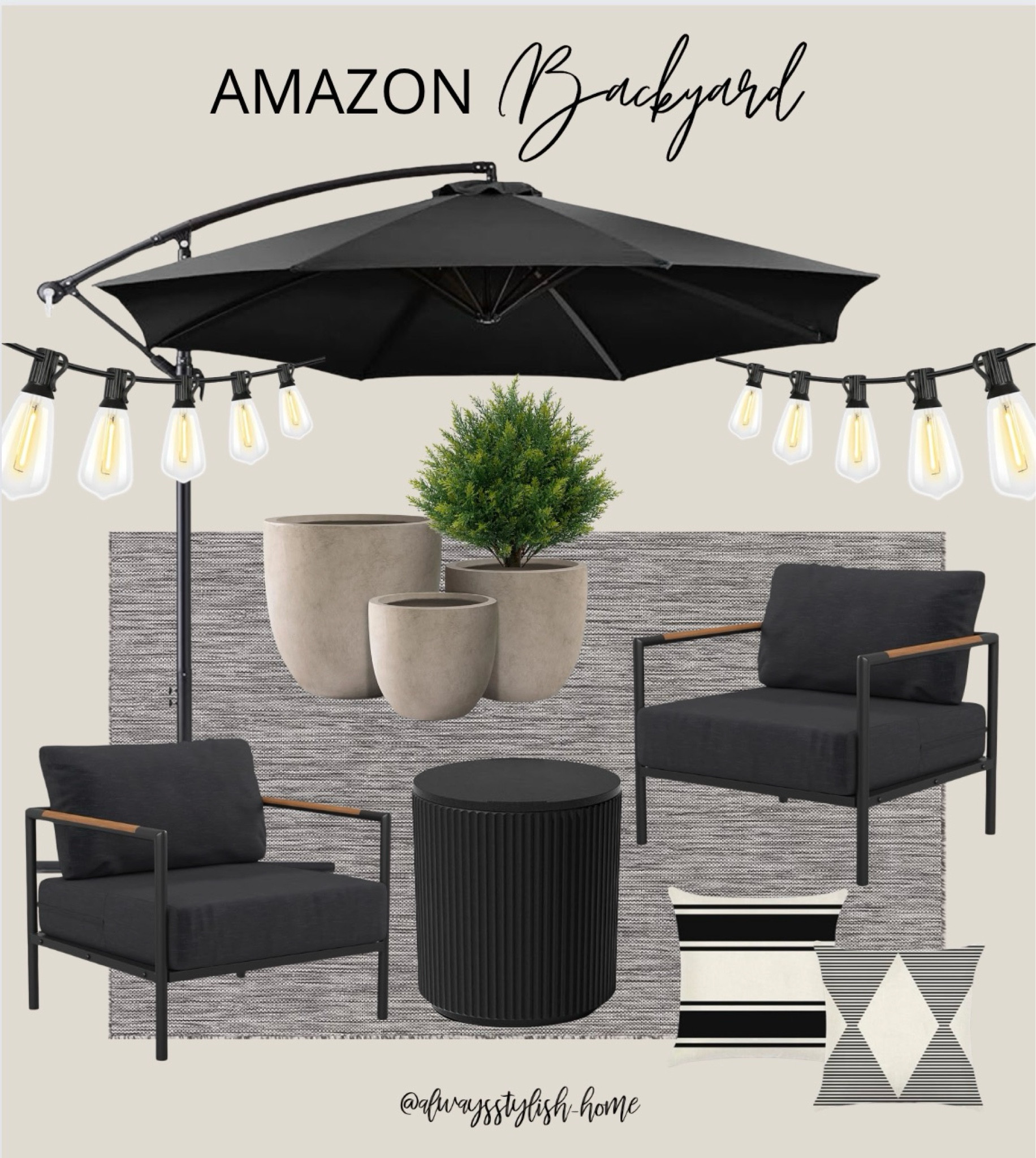 Backyard patio outdoor living. outdoor furniture, accent chairs, cooler side table, planters, cedar tree, umbrella, string lights, pillows, outdoor rug. amazon affordable finds

#LTKSeasonal #LTKfindsunder50 #LTKhome