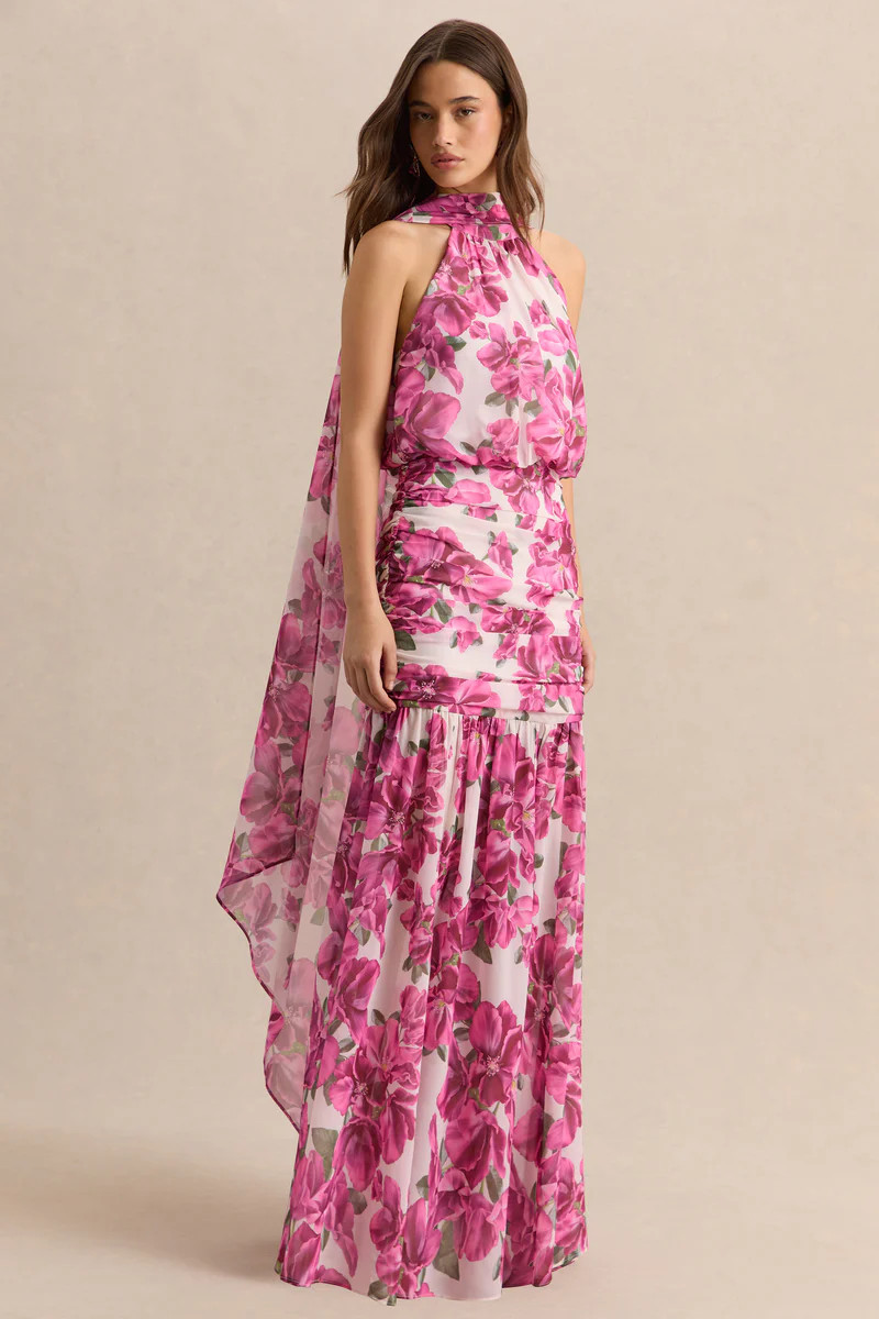 Veronique  Pink Hibiscus Floral Halter-Neck Maxi Dress | Club L London