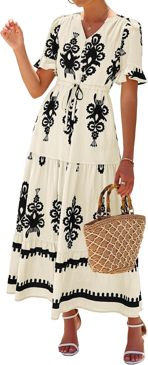 Lazysmile Womens Summer Short Sleeve Floral Boho Maxi Dresses | Amazon (US)