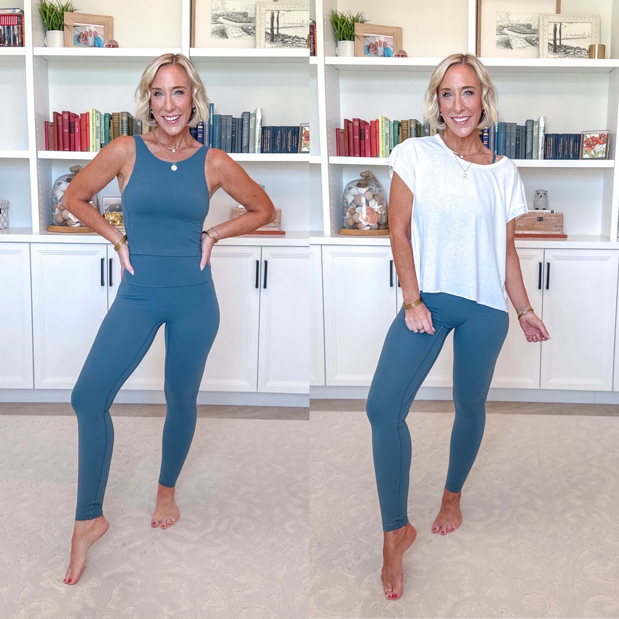 Amazon - mix & match active wear : No Front Seam Leggings - size small; Standard. 25 colors, 2 lengths.  High‑Neck U‑Back Padded Sports Bra Tank - size small. 15 colors. Open Back Short Sleeve Workout Shirt - size small. 20 colors.