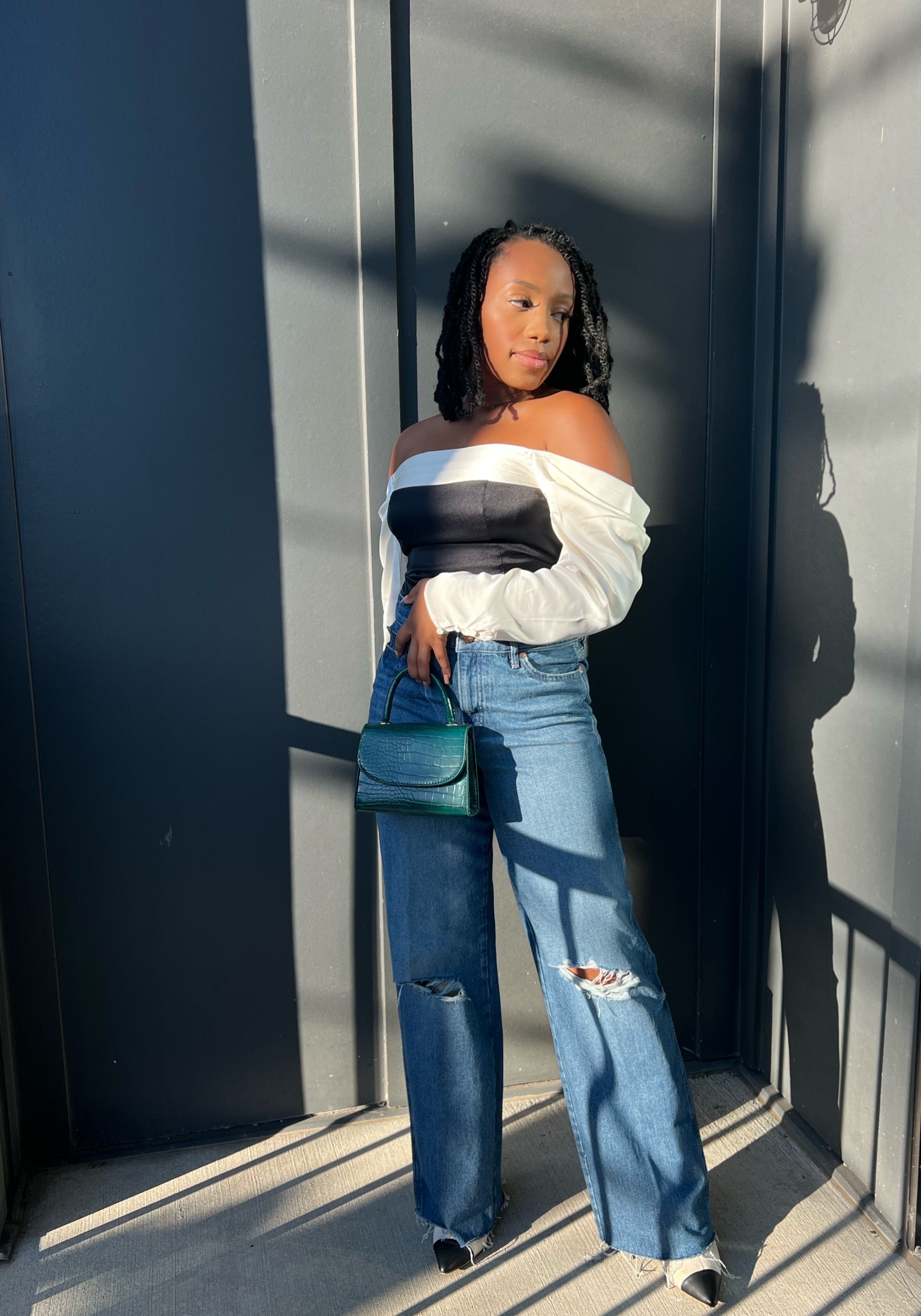 Dinner with the girls 🖤
•
•
Express Wide Leg Ripped High Waisted Jeans, Off the shoulder satin corset top, and knee high boots

#LTKunder50 #LTKHoliday #LTKstyletip