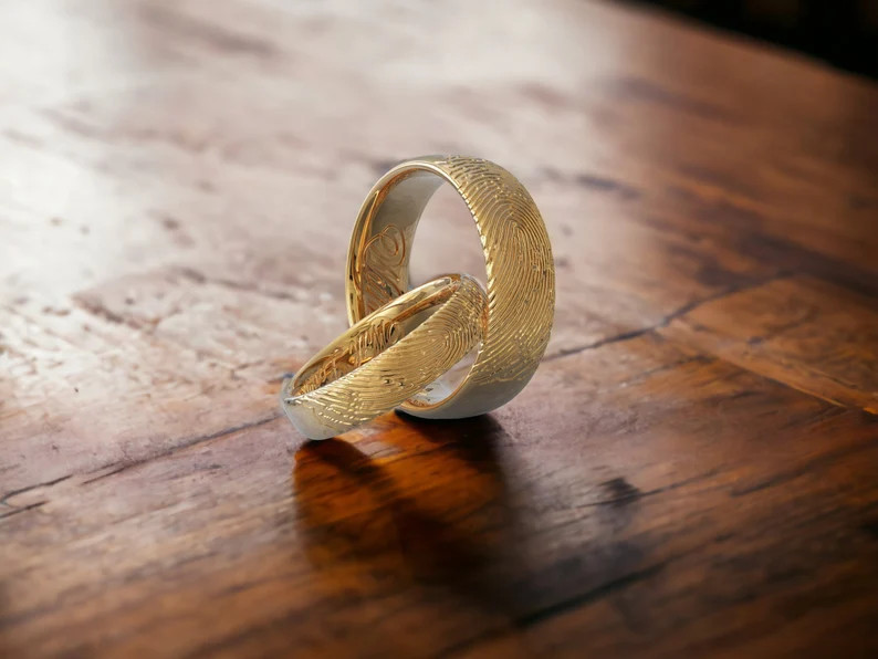 Gold Plated Finger Print Wedding Band Ring, Engraved Inside Engagement Ring, Finger Print Stackab... | Etsy (US)