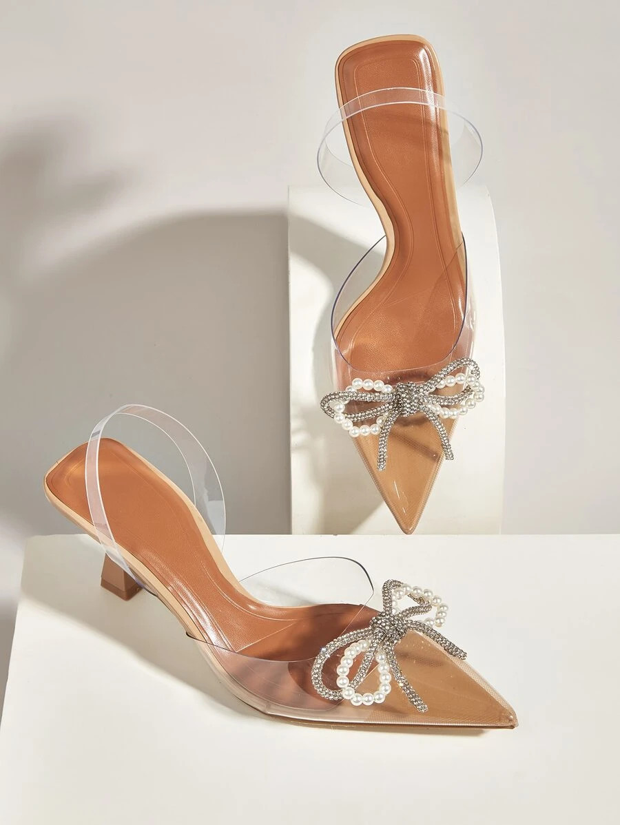 Women Faux Pearl & Bow Decor Chunky Heeled Sandals, Fashionable Party Apricot Slingback Sandals | SHEIN