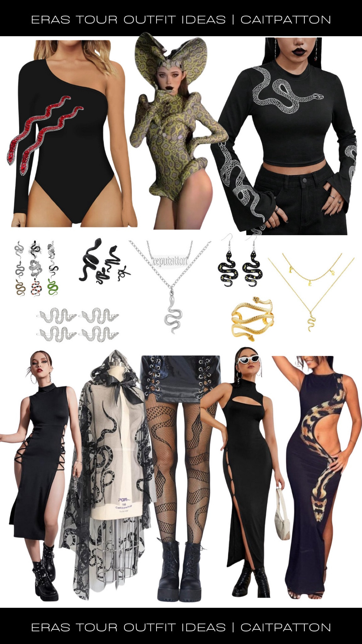 Rep isn't rep without snakes! Snake dress, snake jewelry, snake cape, Medusa dress, snake necklace, snake bracelet, snake hair clips, snake top, snake costume, Karyn costume, reputation bodysuit, snake tattoo, snake tights, Reputation outfits, reputation outfit, reputation outfit ideas, reputation outfit inspo, rep outfit, rep inspo, rep outfits, rep eras tour outfit, reputation eras tour outfit, Taylor swift eras tour outfit, Taylor swift outfit, eras tour outfit idea, eras tour outfits, reputation era, reputation Taylor's version 

#LTKFindsUnder100 #LTKStyleTip #LTKFindsUnder50