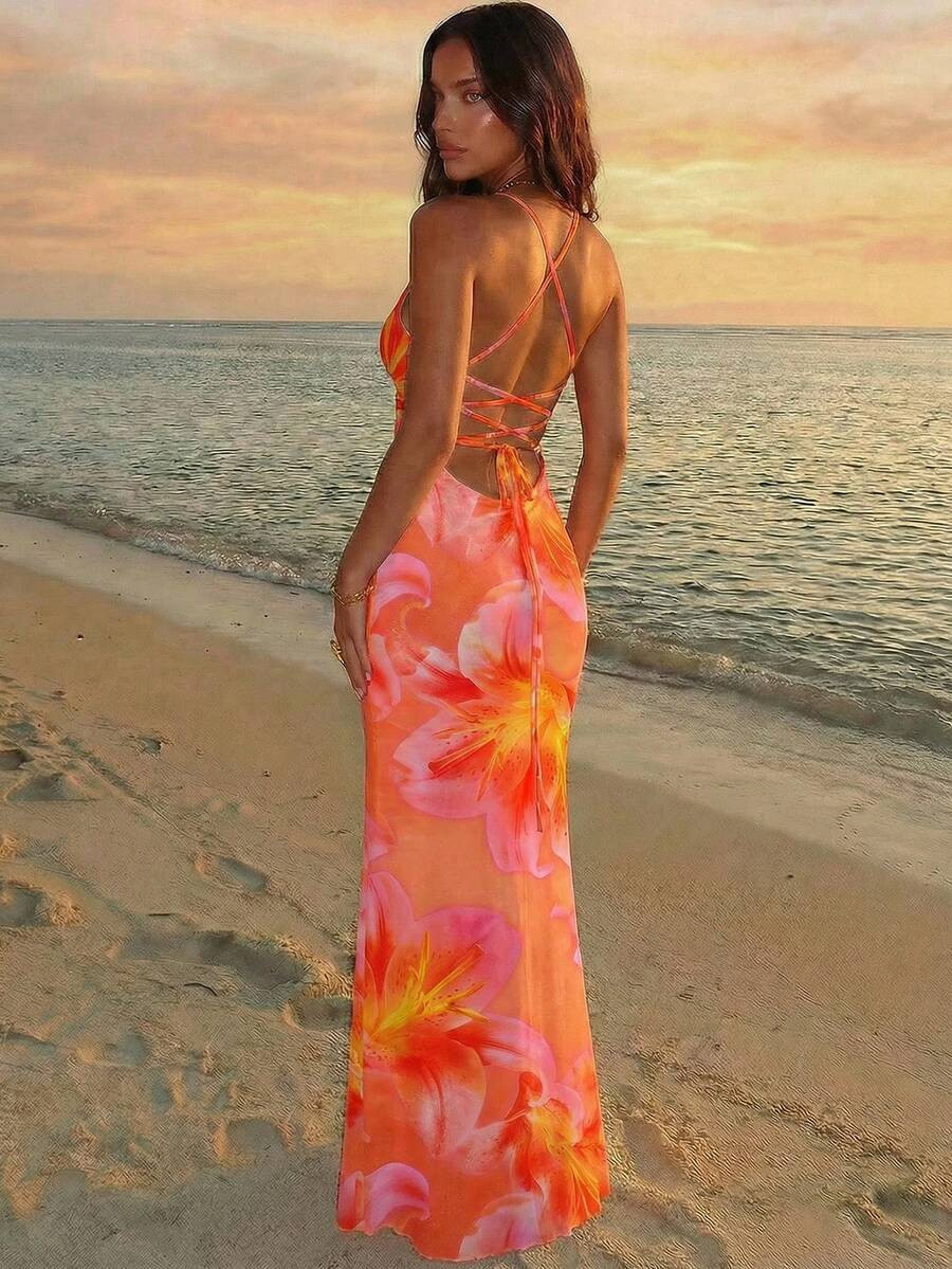 Aloruh Women's Elegant Sexy Tropical Vacation Orange Lily Floral Print Backless Halter Dress, Beach Resort Outfit, Hawaii, Summer Dresses | SHEIN
