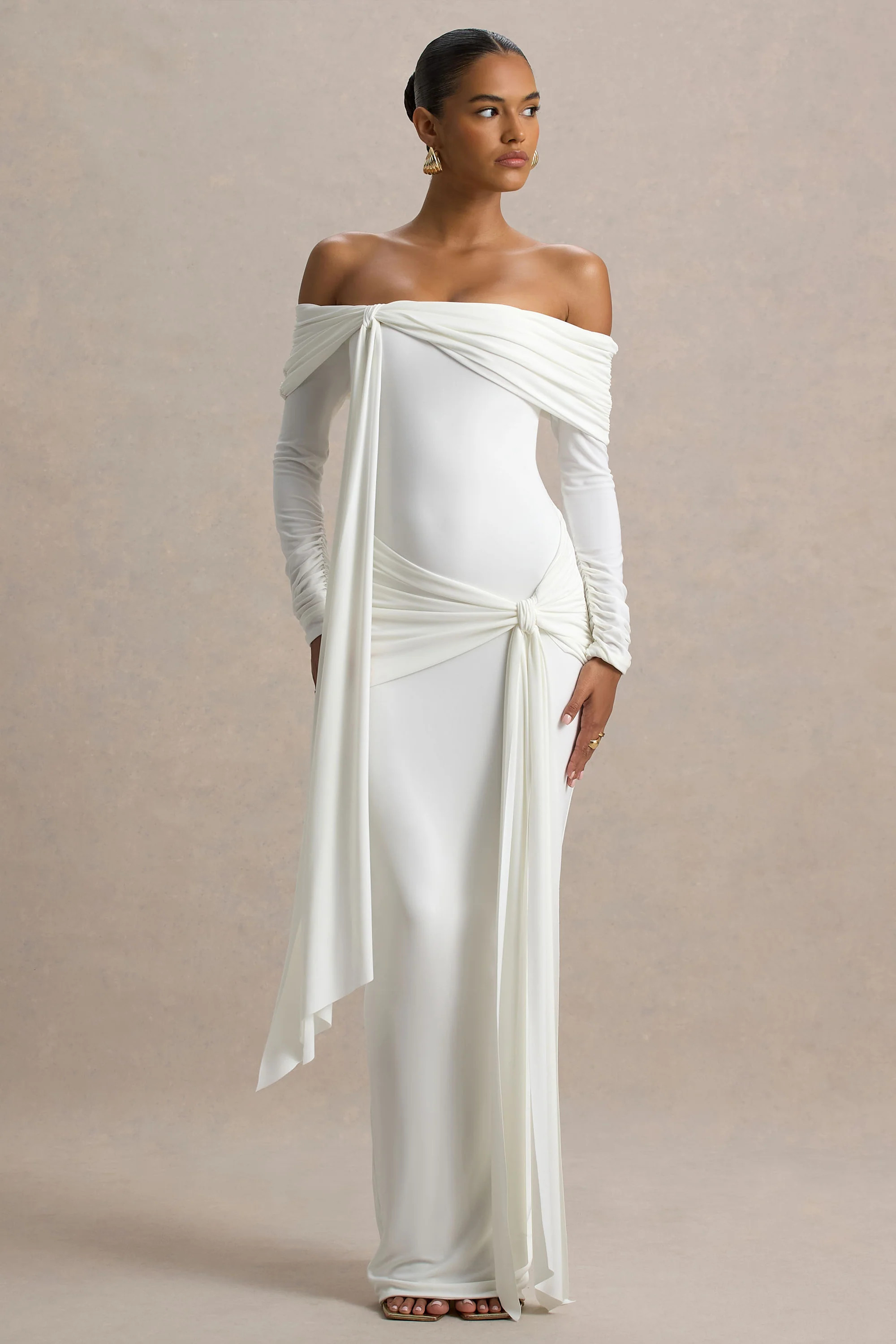 Jovie  White Bardot Wrap Maxi Dress With Sash Detail | Club L London