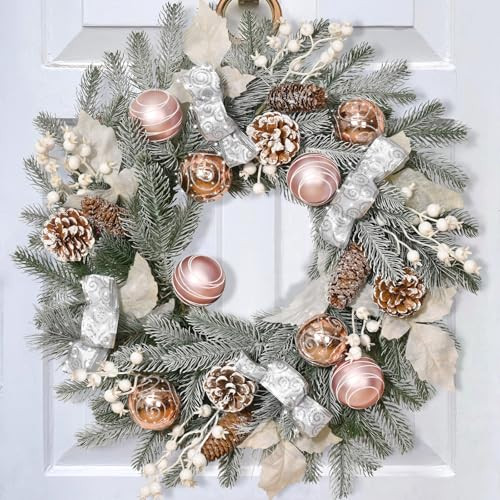 Christmas Decor - 20" Christmas Wreath with Christmas Balls, Christmas Door Wreath with Bow Ribbon Berries Pine Cones Leaves Christmas Wreaths for Front Door Home Outdoor Xmas Decor | Amazon (US)