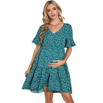 Ruffled Short Sleeve Printed Maternity Babydoll Dress Dark green florals,M | Target