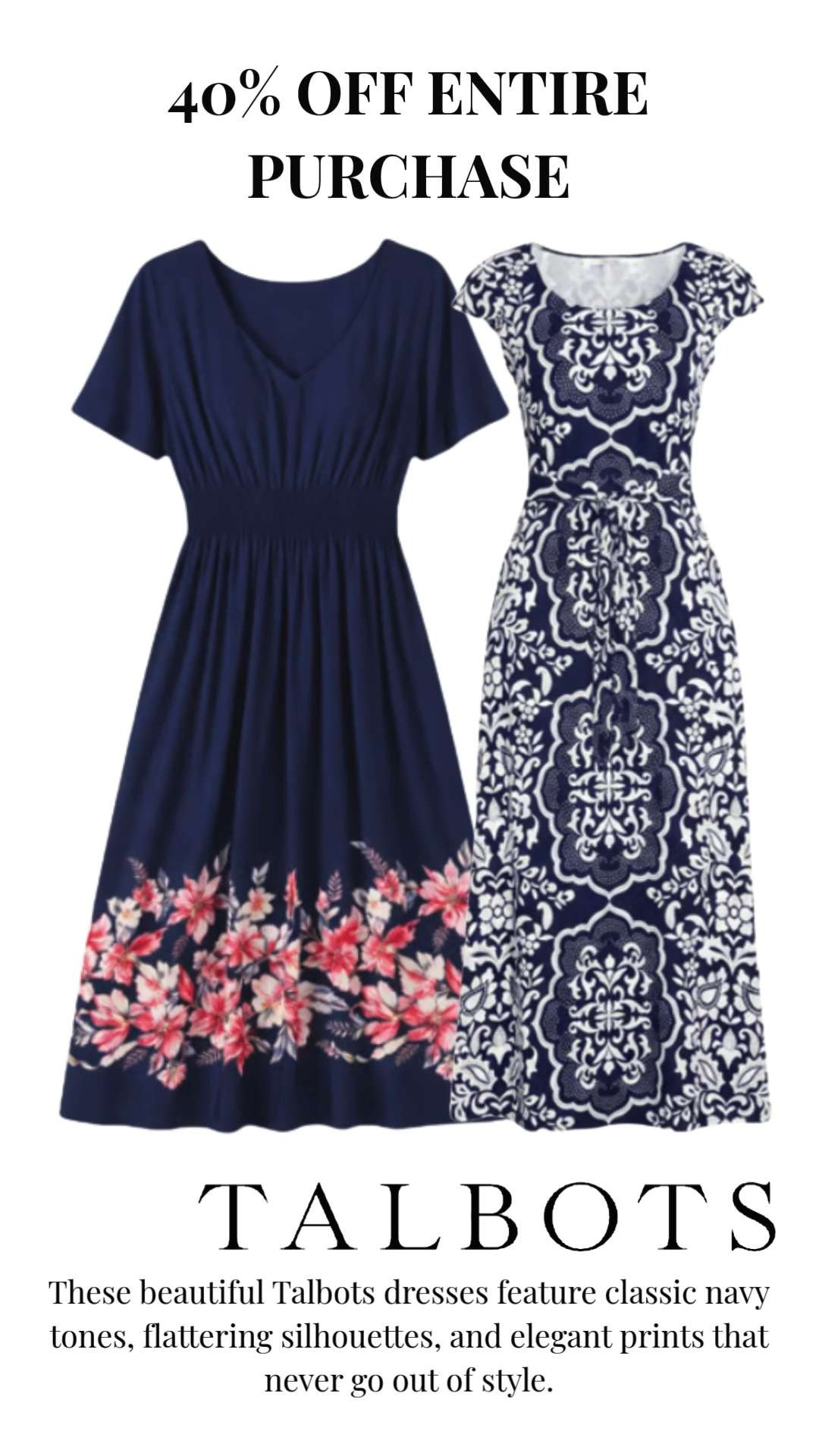 ✨ 40% OFF at Talbots! ✨

If you've been waiting to shop Talbots, now is the time. These navy dresses are classic, flattering, and perfect for summer events, church, vacations, and everyday wear.

A great opportunity to add a few quality staples to your wardrobe while they're on sale! 🫶🏻 

 #LTKootd #LTKOver40 #LTKSaleAlert