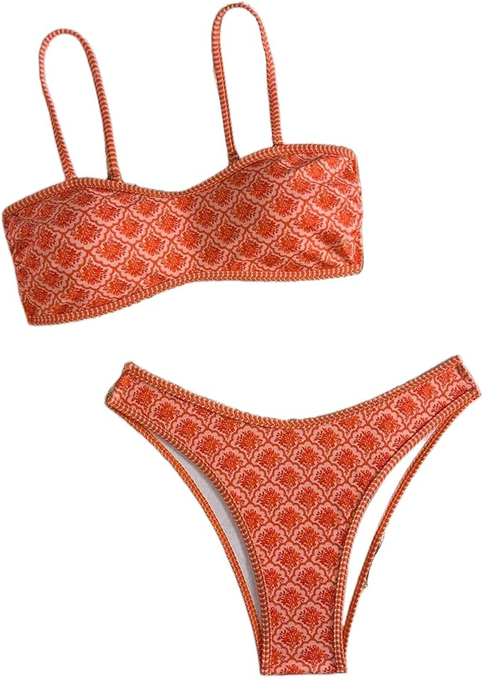 ZAFUL Women High Waisted 2 Piece Bikini Set Cheeky High Cut Printed Bandeau Swimsuit | Amazon (US)