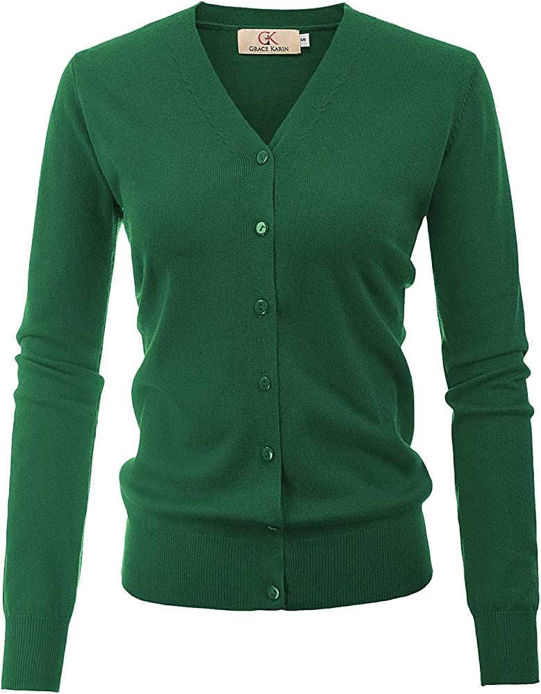 GRACE KARIN Women's Long Sleeve Button Down Vee Neck Classic Sweater Knit Cardigan | Amazon (US)