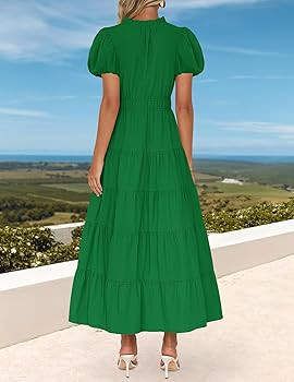 ZESICA Women's Summer Casual Maxi Dress 2025 Puff Short Sleeve V Neck Ruffle Tiered Flowy Boho Be... | Amazon (US)