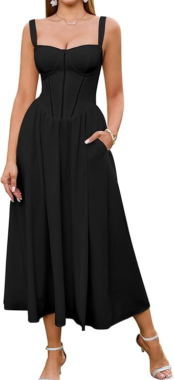 KUTUMAI Floral Corset Midi Dress Flowy Slit Summer Spring Wedding Guest Dresses for Women Sundres... | Amazon (US)