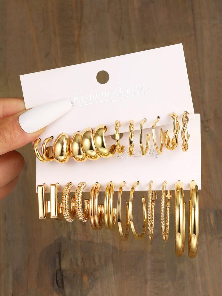 12pairs/Set Fashionable Zinc Alloy Textured Hoop Earrings For Women For Daily Decoration | SHEIN