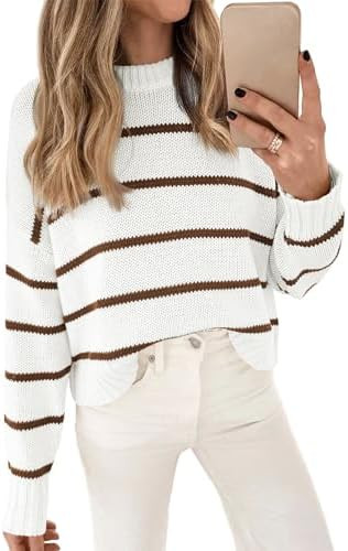 LILLUSORY Womens Cropped Striped Sweater Casual Pullover Ribbed Knit Cute Crewneck Sweaters | Amazon (US)