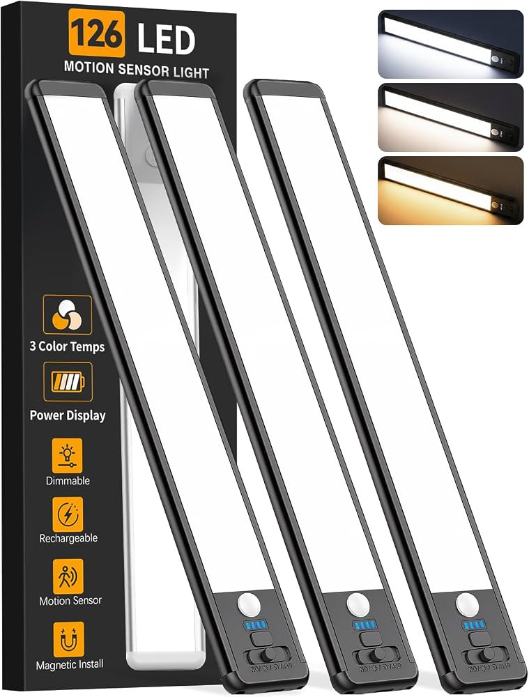 Under Cabinet Lighting Wireless, 15inch Motion Sensor Light, 3Pack-Black | Amazon (US)