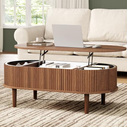BREEZEHEAT Fluted Lift Top Coffee Table, 39" Mid Century Modern Coffee Table, Hidden Compartment & Fully Assembled Centre Table Oval Lift Tabletop for Living Room, Small Space, Home Office, Walnut | Amazon (US)