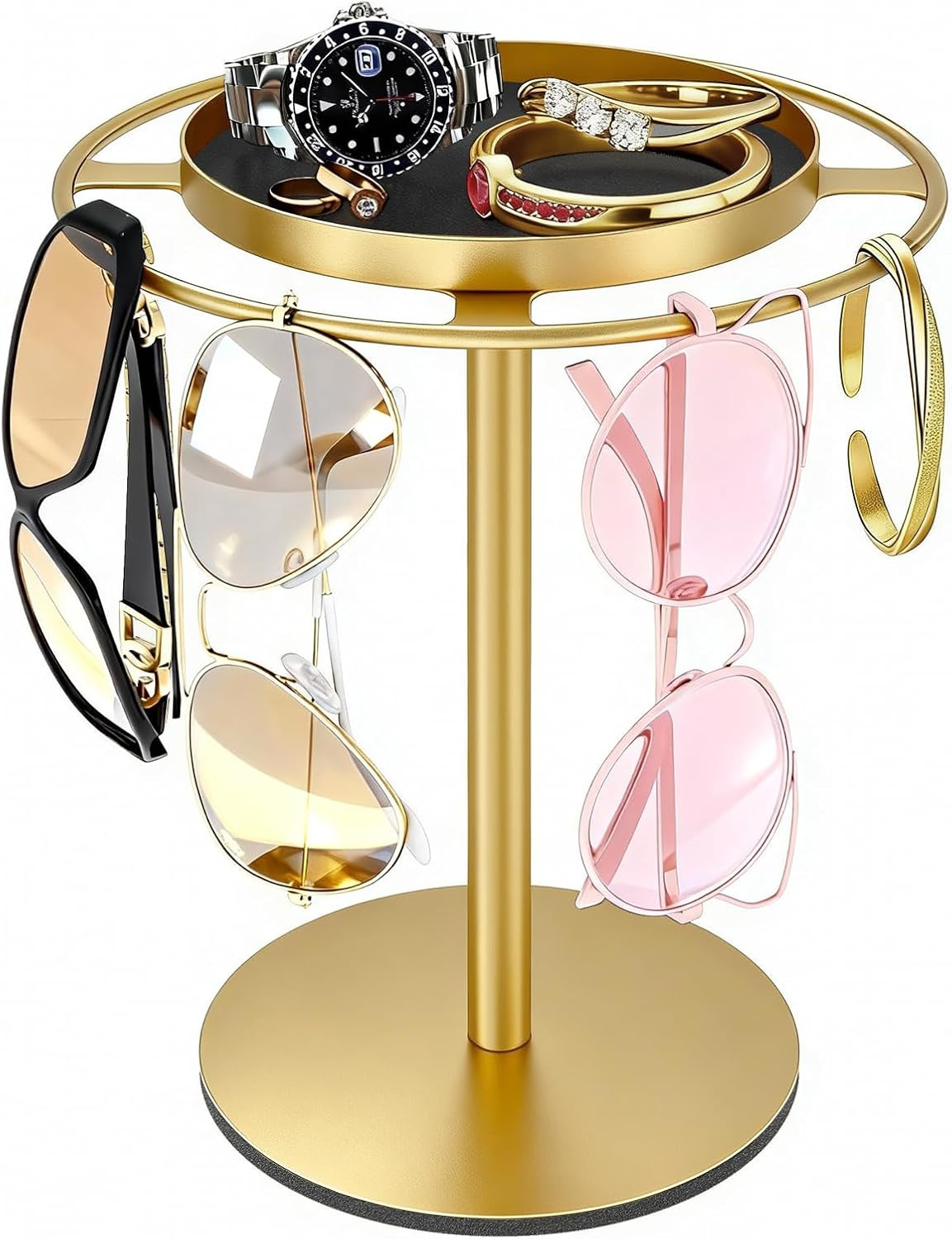 Metal Sunglasses Organizer, Glasses Holder Stand with Storgae Tray, Eyeglasses Holder with Anti-Slip Pads for Tabletop, Desk, Dresser, Gold | Amazon (US)