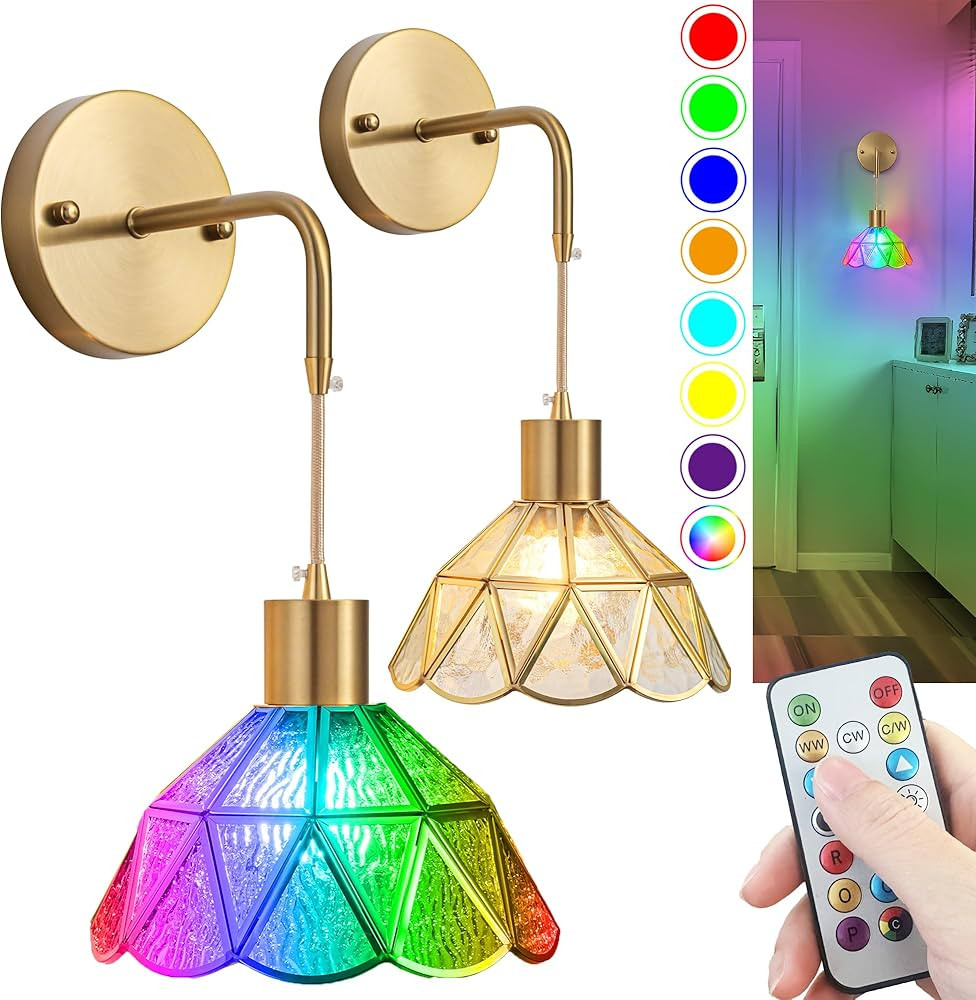 SLYWISE Battery Operated Wall Sconce, Wireless Wall Sconces Set of Two Battery Operated, RGB Colo... | Amazon (US)