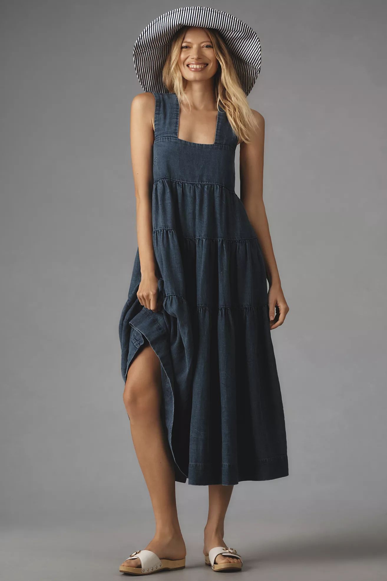 The Helena Square-Neck Tiered Midi Dress: Smocked Denim Edition | Anthropologie (US)