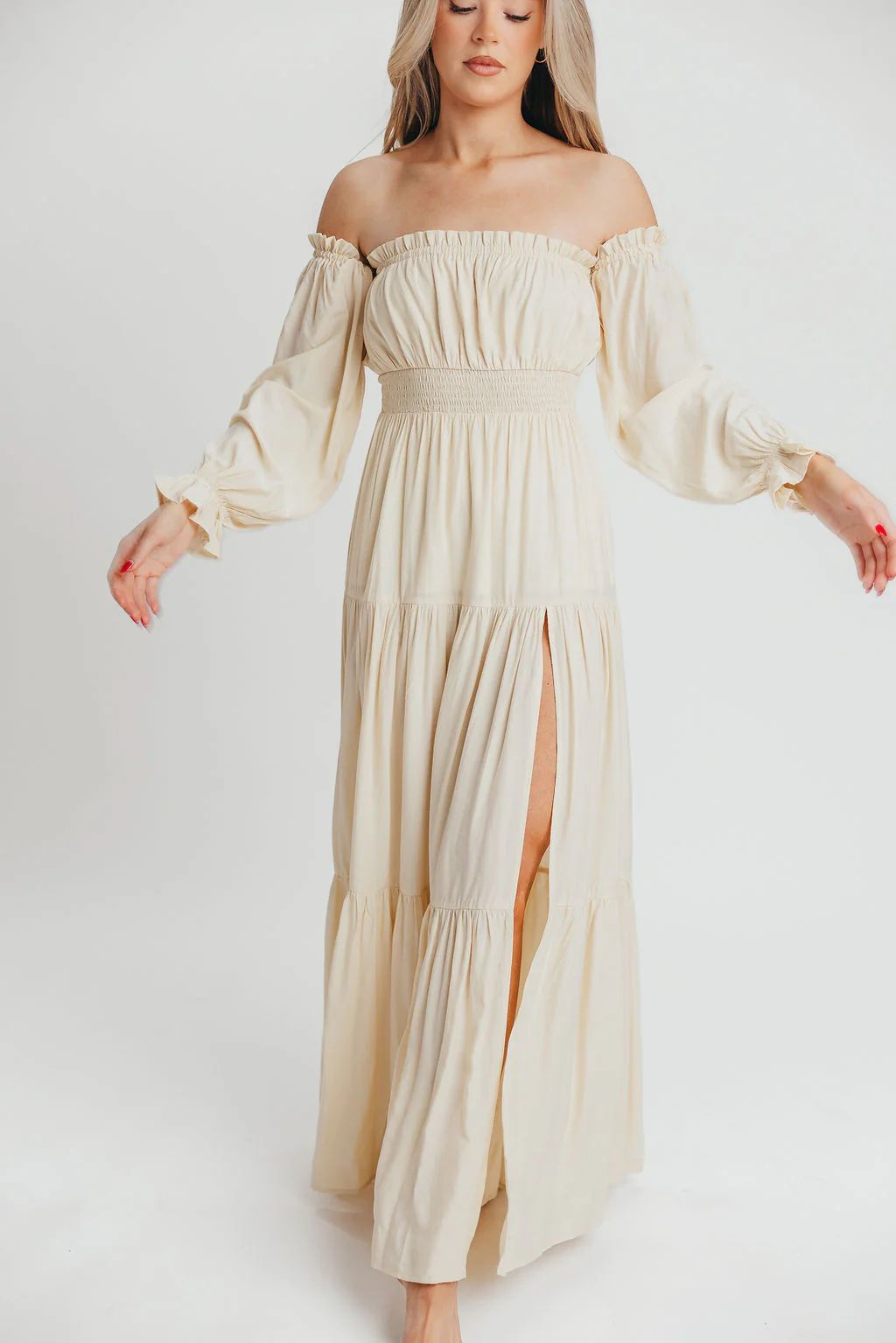 Harper Cru Long Sleeve Off-Shoulder Maxi Dress in Cream (S-XL) | Worth Collective