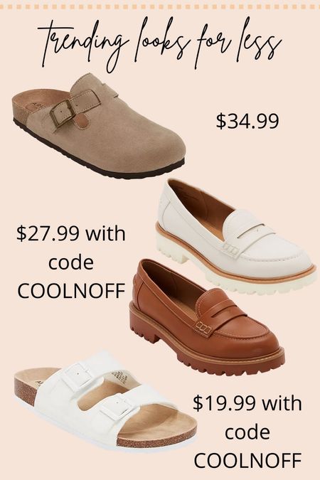 trending shoes look for less! Birkenstock dupes, affordable shoes, loafers