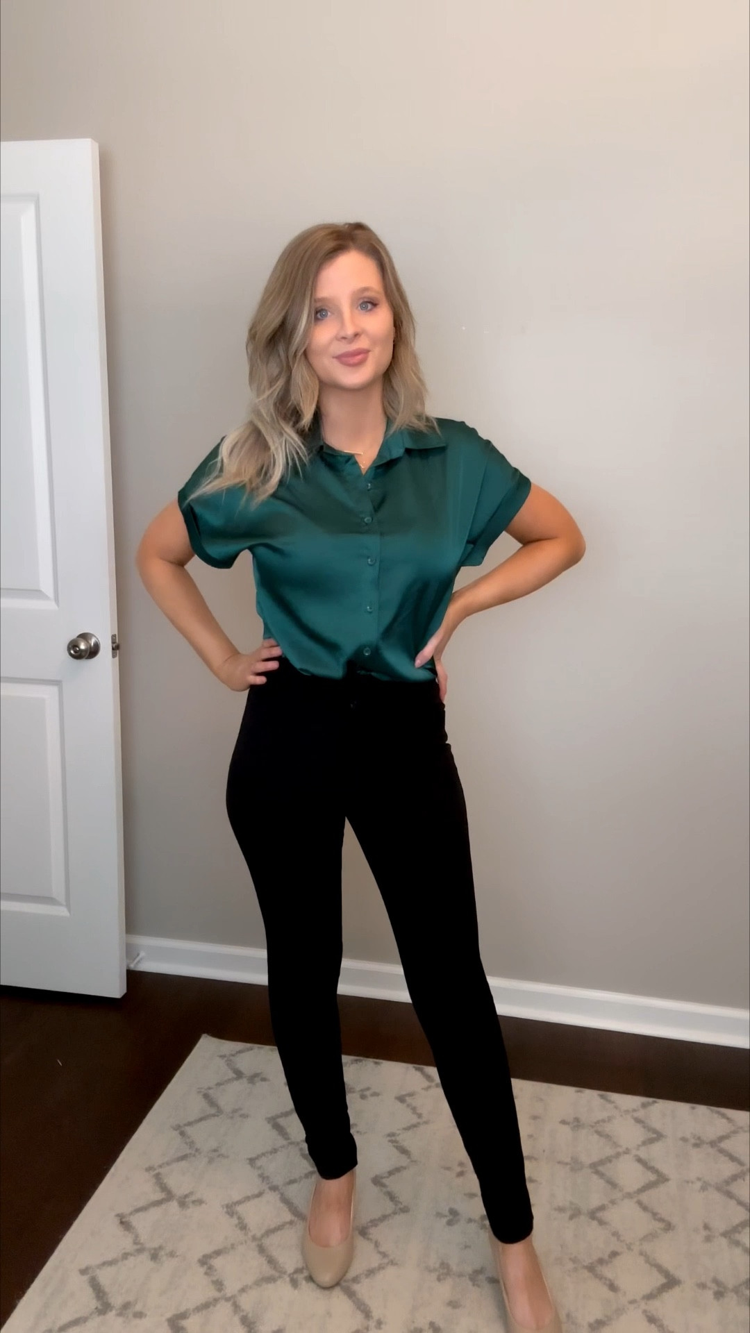Amazon teal green blouse 💚 The prettiest green work blouse / office blouse for business casual outfits. This Amazon work top is lightweight, flattering, and perfect for office outfits, teacher outfits, and business casual workwear. Styling it with work pants and heels for an easy Amazon office outfit.
