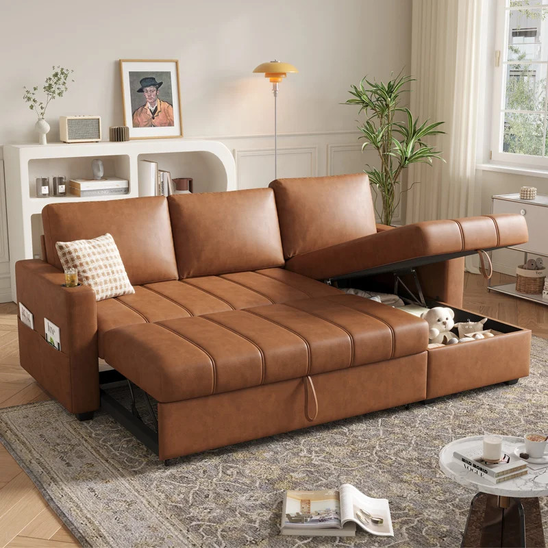 89" L-Shaped Sectional Sleeper Sofa with Hidden Storage, Faux Leather Pull-Out Sofa Bed for Livin... | Wayfair North America
