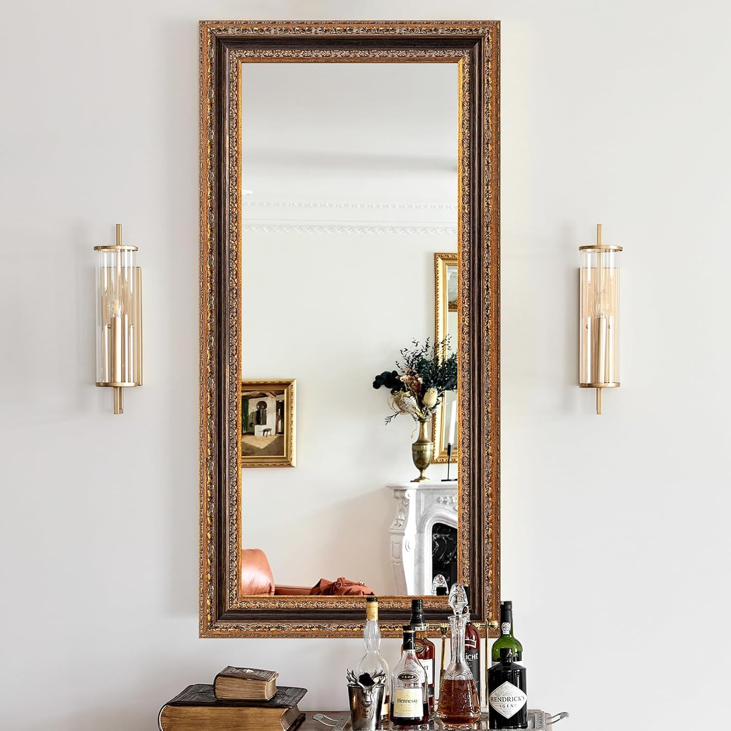 Narrow Vintage Wall Mirror, 46" X 22.5" Decorative Mirror with Black and Bronze Handmade Aging Ca... | Amazon (US)