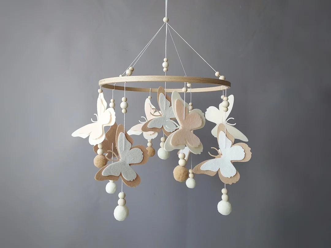 Butterfly Baby Mobile Neutral Crib Pom Pom Boho Mobile Musical Bebe Nursery Felt Mobile Girl Hang... | Etsy (US)