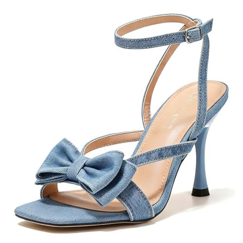 OXNGDMDM Women's Bow Square Open Toe Stiletto Denim Sandals with Criss Ankle Buckle Sexy Backless Comfortable Non Slip High Kitten Heel Denim Wedding Dress Sandals for Party Daily Wear (Blue,8.5) | Amazon (US)