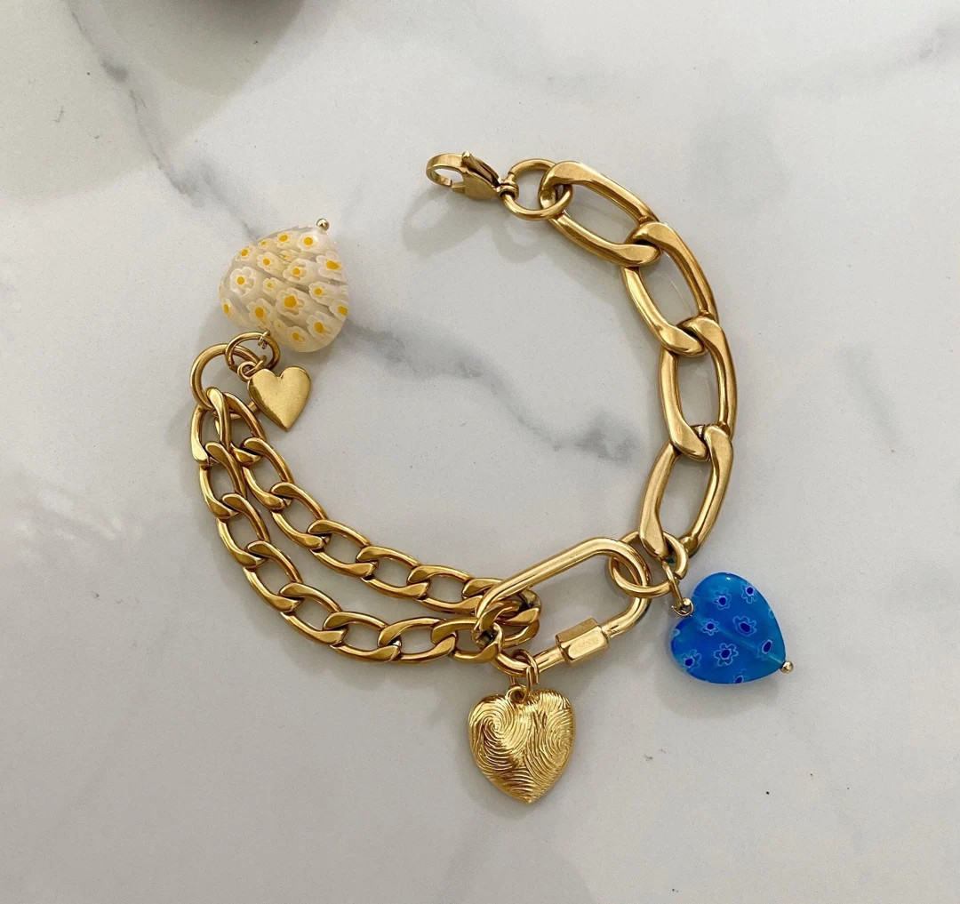 Heart Charm Bracelet, Big Gold Tone Bracelet, Large Steel Chain Bracelet, Y2k Jewelry, Chunky Aes... | Etsy (US)