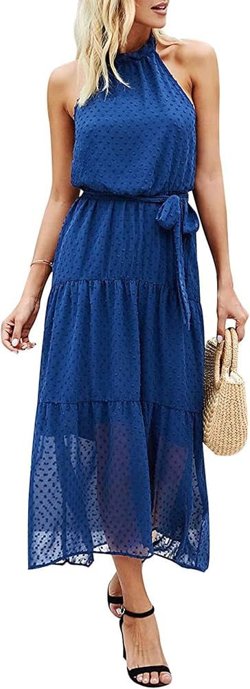 PRETTYGARDEN Women’s Casual Halter Neck Sleeveless Floral Long Maxi Dress Backless Loose Ruffle... | Amazon (US)