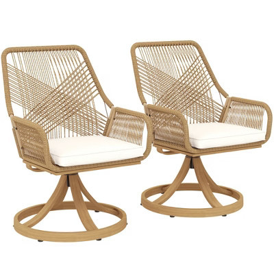 Outsunny Outdoor Patio Swivel Chairs Set of 2, Rattan Patio Dining Chairs with Soft Cushions and Metal Frame for Backyard, Lawn, Porch, Garden, Khaki | Target