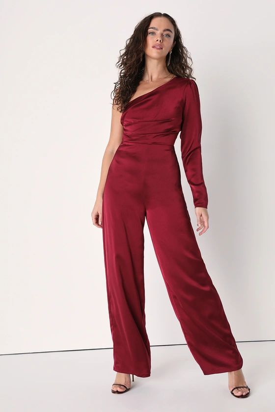 Passionate About Perfection Wine Red Satin One-Shoulder Jumpsuit | Lulus (US)