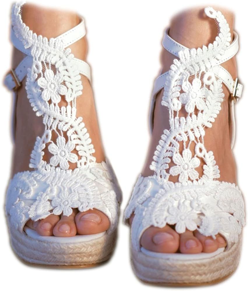 Women's Platform Sandals Wedge Open Toe Ankle Strap lace Wedding Shoes Bridesmaid Shoes | Amazon (US)