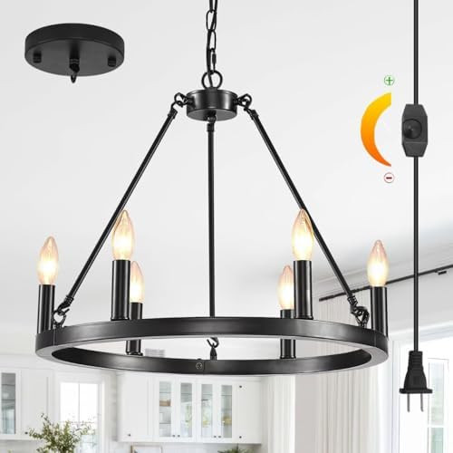 HOXIYA DIMMABLE 6 Lights Plug in Wagon Wheel Chandelier, 20.5" Black Round Pendant Light with Lon... | Amazon (US)
