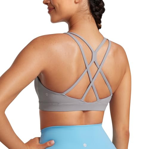 CRZ YOGA Womens Butterluxe High Neck Longline Sports Bras - Criss Cross Halter Wireless Padded Gym Workout Crop Top Gull Gray Large | Amazon (US)