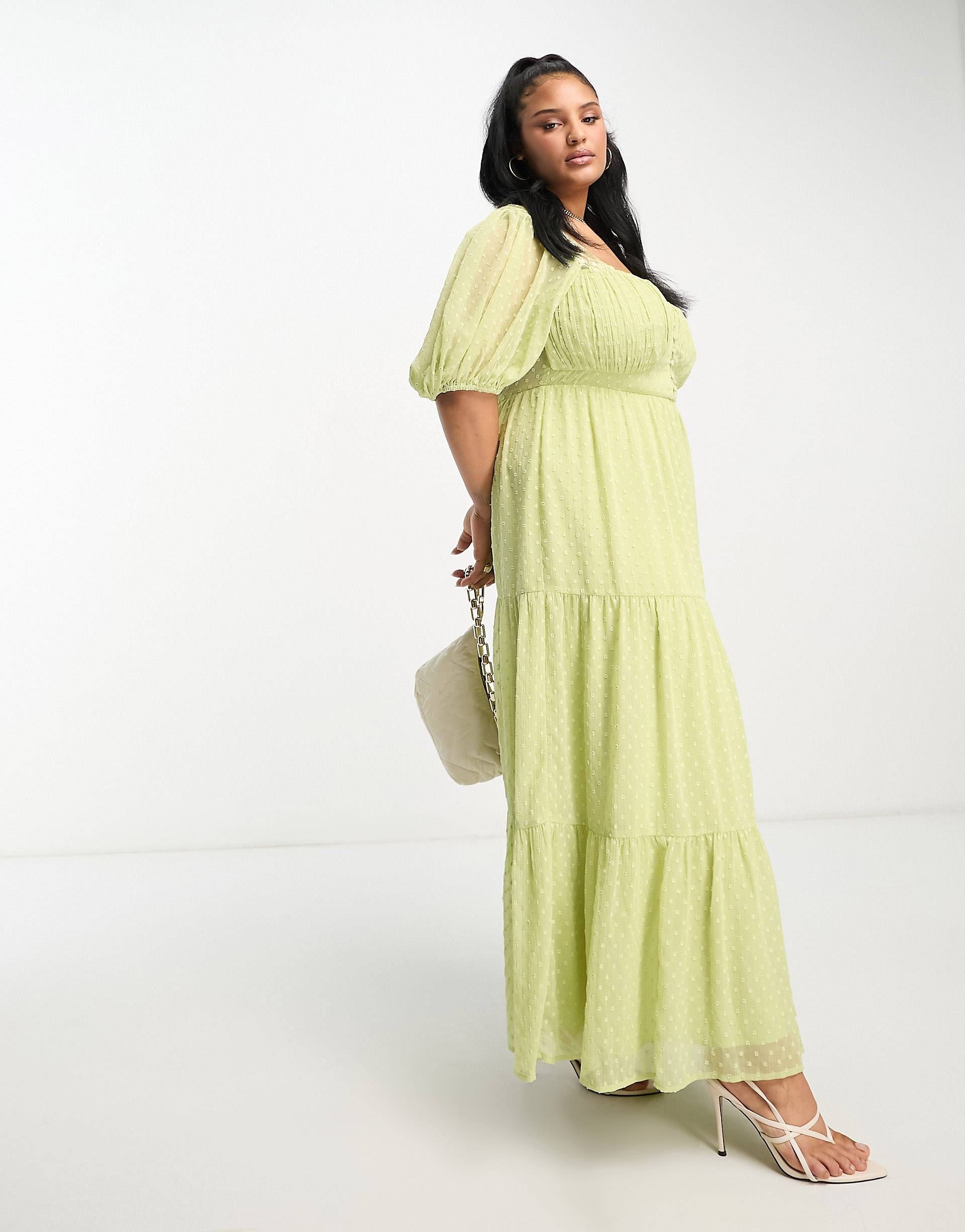 ASOS DESIGN Curve open back lace insert dobby maxi tea dress in lime | ASOS (Global)