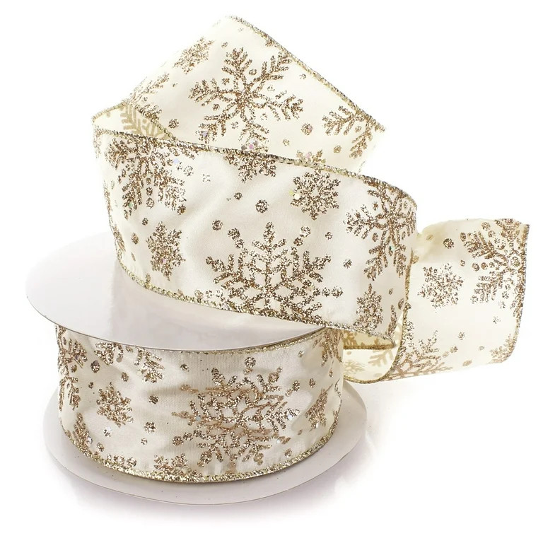 Ribbon Traditions Glitter Snowflakes Satin Wired Ribbon 2 1/2 Inch By 10 Yards - Light Gold | Walmart (US)