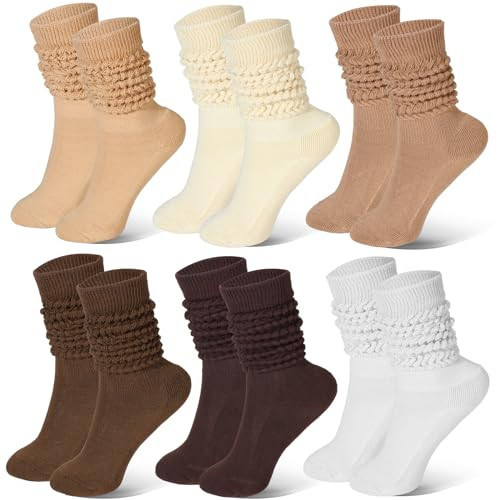 6 Pairs Women Slouch Socks Scrunch Slouchy Socks Cotton Knit Stacked Boot Socks Knee High Long Socks for Women Men Brown | Amazon (US)