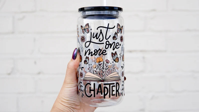 Just One More Chapter Glass Can 16oz With Lid and Straw, Book Lover Gift, Floral Butterfly Iced C... | Etsy (US)