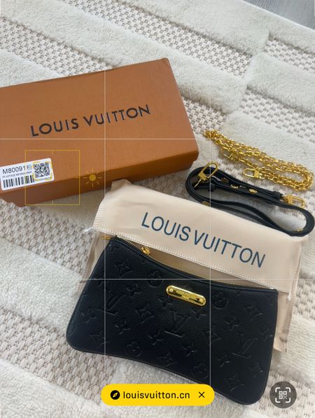 LV pochette with store packaging and scannable QR code 