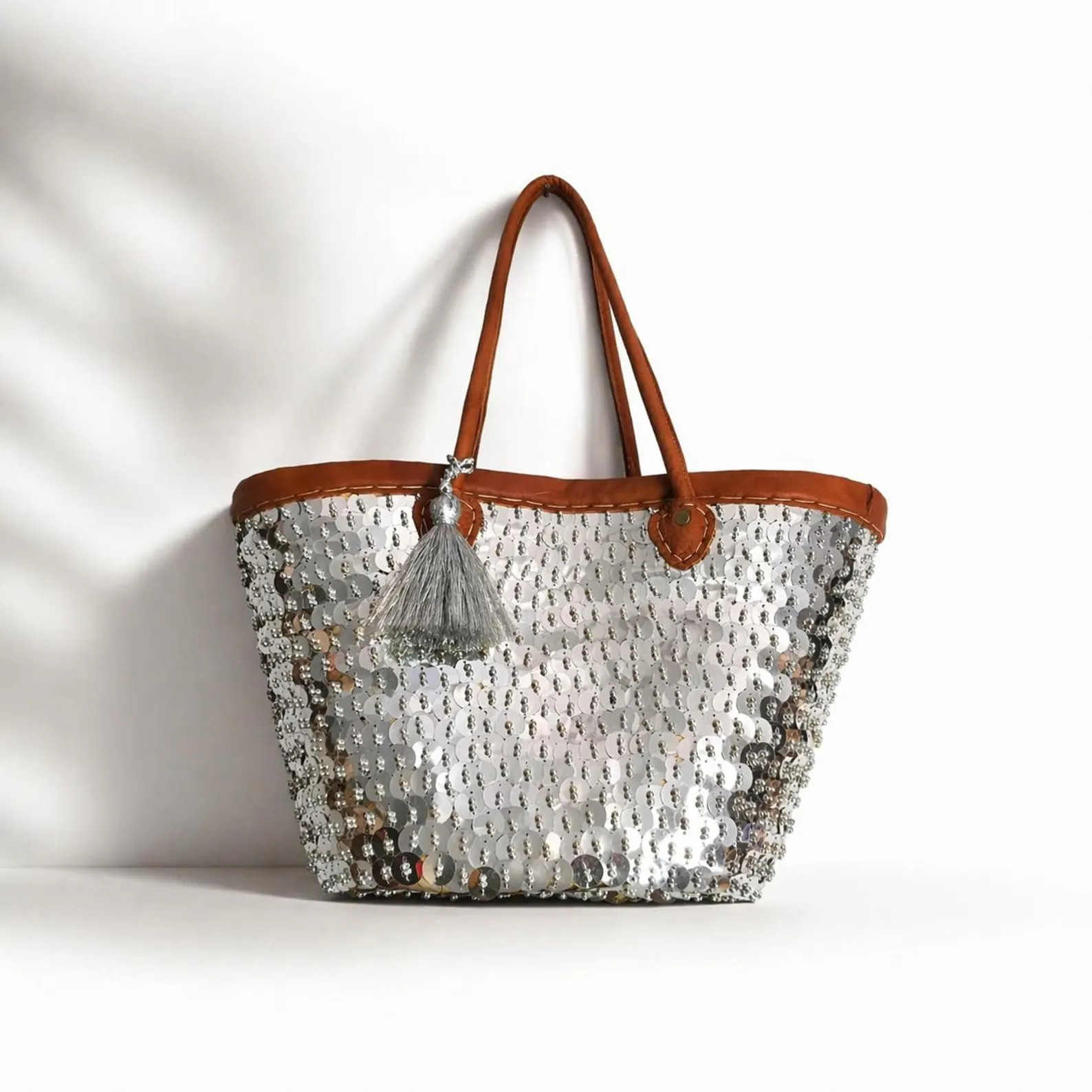Handmade Sequin Straw Tote Bag, Moroccan Boho Beach Bag, Leather Handles | Etsy (Global)