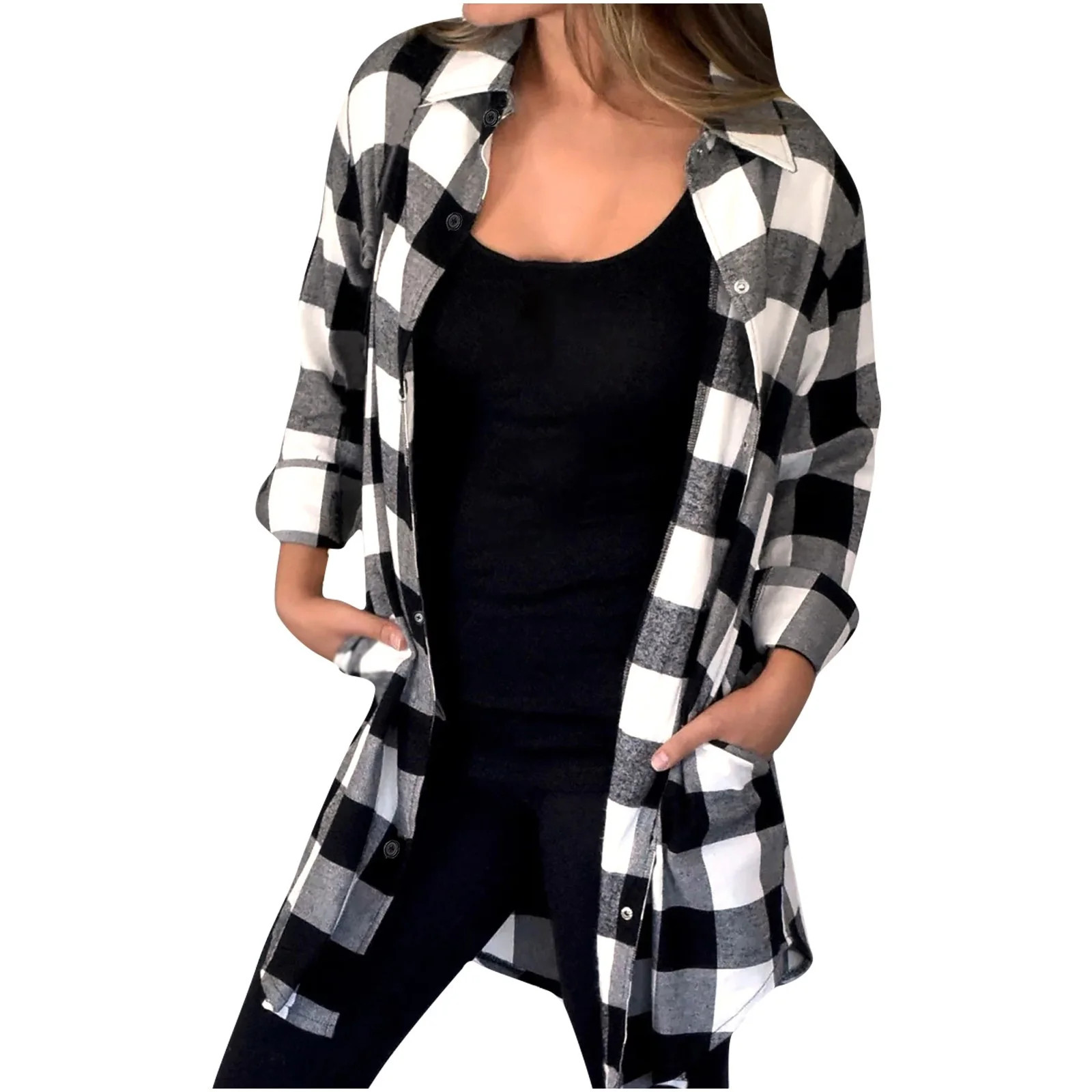 jsaierl Women's Button Down Flannel Shirts Plaid Shacket Long Sleeve Collared Tartan Long Jacket ... | Walmart (US)