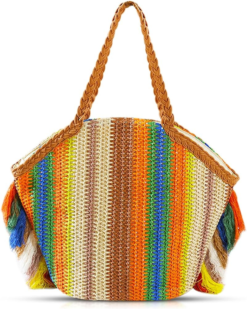 Tote Bag for Women, Colorful Fringe Straw Bag, Large Capacity Beach Bag, Handwoven Rattan Handbag... | Amazon (US)